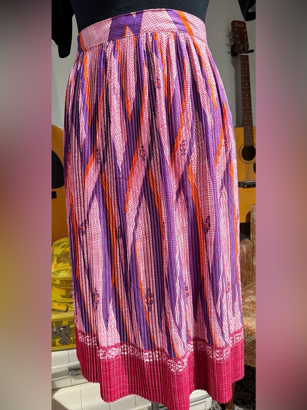 Vintage Pink.Purple & Orange Patterned Pleated Midi Skirt
